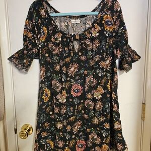 NATURAL LIFE Black Floral Print Dress with Pink Yellow and Green Blooms